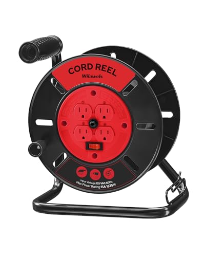 Extension Cord Storage Reel with 4-Grounded Outlets, 15A Circuit Breaker, Heavy Duty Open Cord Reel for 12/3,14/3,16/3 Gauge Power Cord, Hand Wind Retractable, ETL Listed, Red R95CR06 - color: Red