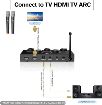 Wireless Karaoke Microphone System, Microphone Mixer Dual Handheld Wireless Microphones, HDMI & AUX in/Out, Optical Out, 100ft Range, Karaoke Mic for TV, Speakers, Singing, Church & Wedding-Black