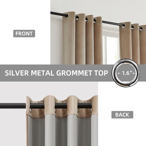 BULBUL Champagne Grey 100% Full Blackout Velvet Curtains,120 inches Long Modern Liner Curtains Thermal Drapes Panels for Living Room Bedroom Grommet Set of 2 - color: Champagne & Grey, size: 52"W x 120"L (Pack of 2)