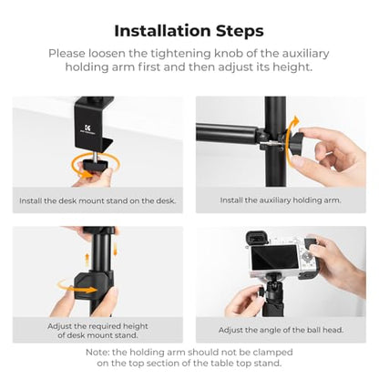 K&F CONCEPT Camera Desk Mount 16"-37" with Arm, 360° Ball Head, Phone Clip | Tabletop C-Clamp Adjustable Light Stand for DSLR, Ring Light, Webcam, Live Streaming, Online Teaching TD02 - style: TD02 w/Arm