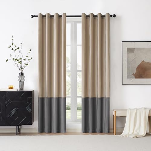 BULBUL Champagne Grey 100% Full Blackout Velvet Curtains,63 inches Long Modern Liner Curtains Thermal Drapes Panels for Living Room Bedroom Grommet Set of 2 - color: Champagne & Grey, size: 52"W x 63"L (Pack of 2)
