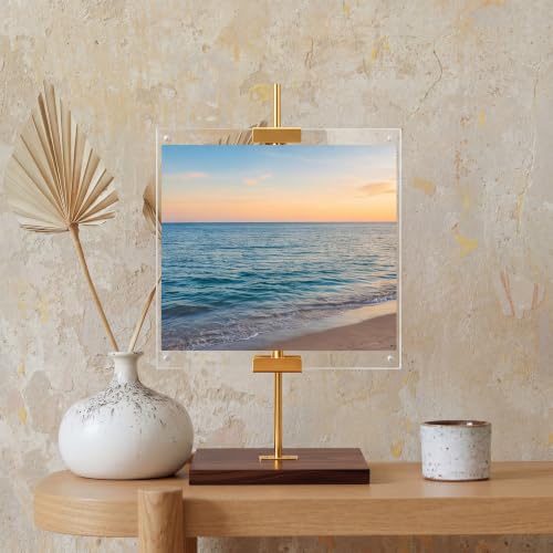 RattanView Adjustable Tabletop Easel Stand with Clear Acrylic Floating Photo Frame Set 16.5" Metal Picture Easel Display Stand for Picture, Art, Photos, Poster, Signs(Gold,Wooden Base) - color: Gold