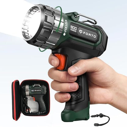 FORTO Compact Rechargeable Spotlight with Adjustable Focus, Handheld Spot Light with Stand, 2700ft Range, 3 Light Modes and LED Spot Lights Outdoor for Boating Hunting Camping Hiking - color: Green