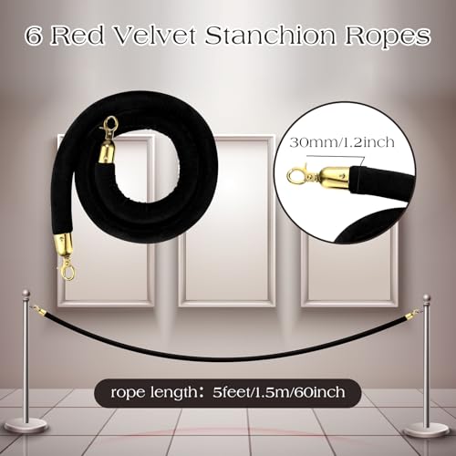 Nuogo 6 Pack Black Velvet Stanchion Rope, 5 Feet Velvet Rope with Gold Hook | Safety Rope Off Barrier, Crowd Control, 1.2 IN in Diameter,Event Weddings Graduation Theaters Grand Opening Hotel - color: Black