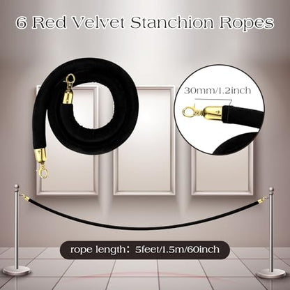 Nuogo 6 Pack Black Velvet Stanchion Rope, 5 Feet Velvet Rope with Gold Hook | Safety Rope Off Barrier, Crowd Control, 1.2 IN in Diameter,Event Weddings Graduation Theaters Grand Opening Hotel - color: Black