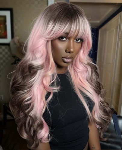 WIGER Long Wavy Wig With Bangs Pink Romantic Curly Hair With Brown Roots and Ends Synthetic Layered Curly Hair Ombre Pink Wig for Women Daily or Costumes - color: Pink Ombre Brown