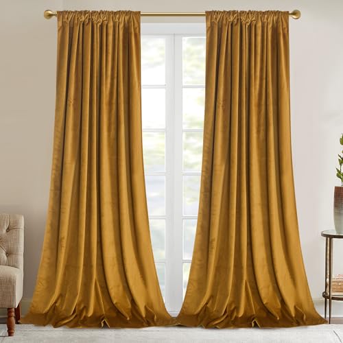 Roslynwood Luxury Soft Mustard Velvet Curtains 72 inches Long Back Tab Thermal Insulated Blackout Window Drapes for Living Room/Bedroom/Dining Room, W52 x L72, 2 Panels - color: Mustard, size: 52"W x 72"L (Pack of 2)