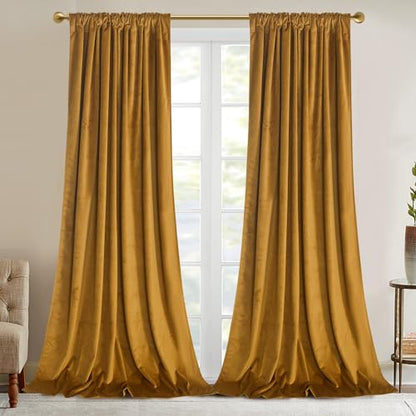 Roslynwood Luxury Soft Mustard Velvet Curtains 72 inches Long Back Tab Thermal Insulated Blackout Window Drapes for Living Room/Bedroom/Dining Room, W52 x L72, 2 Panels - color: Mustard, size: 52"W x 72"L (Pack of 2)
