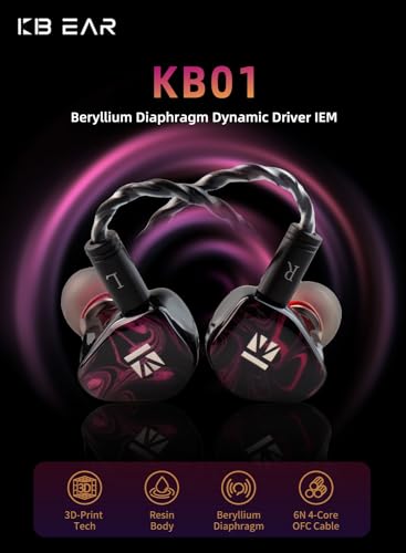 KBEAR KB01 in Ear Monitor, 10mm Beryllium Diaphragm Dynamic Driver IEMs, HiFi Gaming Earbuds with Clarity Sound 3D-Printed Resin Shell, 6N OFC 2PIN Cable for Musicians Audio Engineers Singers (Gold) - color: Gold