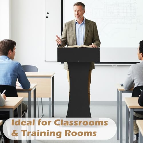 Podium Stand with Lockable Wheels,47"H Wooden Podium for Classroom, Mobile Pulpit Lectern with 3 Storage Shelves for Church, Office,Conference Room (Black) - color: Black
