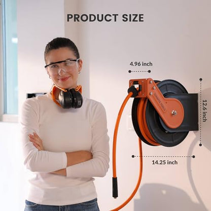 Giraffe Tools Retractable Air Hose Reel 50ft 3/8" Hybrid Hose Garage | All-weather Flexible -40°F to 150°F, 300 PSI Steel Frame, Wall/Ceiling Mount, Easy Install, for Home Garage Tire Inflation - size: 50ft