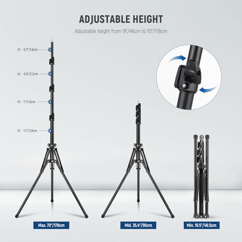 NEEWER Light Stand with 180° Reversible Legs, 70"/178cm Portable Travel Tripod Stand 1/4" Screw & 5/8" Stud for Indoor Outdoor Photography Speedlite Strobe Ring Light Softbox, ST178B, Black