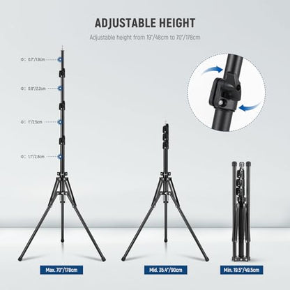 NEEWER Light Stand with 180° Reversible Legs, 70"/178cm Portable Travel Tripod Stand 1/4" Screw & 5/8" Stud for Indoor Outdoor Photography Speedlite Strobe Ring Light Softbox, ST178B, Black