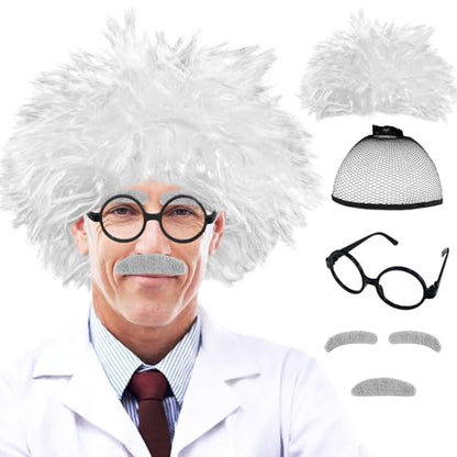 Rrshnsgv 6 PCS Old Man Mad Scientist Wig Set, Crazy Physicist Costume, Dressing Up Grandpa for Kids 100th Day of School, Cosplay Party With Eyebrows, Mustache, Glasses - color: Style-b