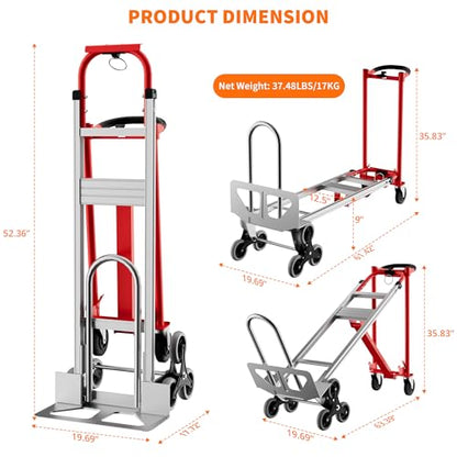 Heavy Duty Aluminum Hand Truck, 3-in-1 Convertible Folding Dolly Cart, Stair Climbing Hand Truck with Wheels, Industrial Platform Trolley for Warehouse, Home, Office & Transport Moving - color: Red+silver