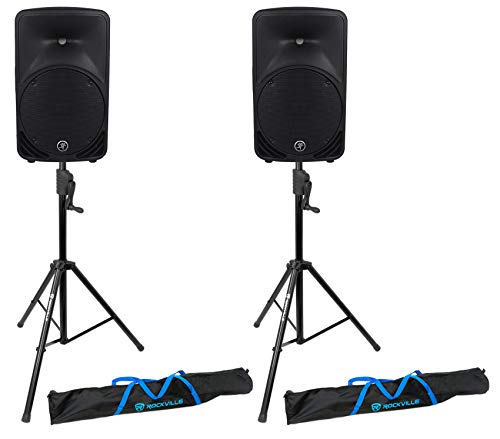 Mackie SRM350V3 SRM350-V3 1000 Watt 10" Powered Active PA Speaker with DSP Bundle with Rockville RVCS2 Heavy-Duty Tripod Adjustable Crank-Up DJ PA Speaker Stand with Bag