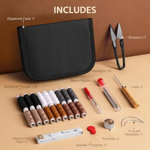 Coquimbo Leather Sewing Kit: 43pcs Needle and Thread Kit with Sewing Awl | Upholstery Repair Kit, Heavy Duty Sewing Tools for Car Seats, Bags, Shoes, Sofa, Tents, Carpets, Leather Crafts, DIY