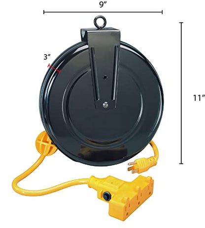 Alert ProReel 5000M-30GF-CB Heavy-Duty Retractable Cord Reel | 30' - 14/3 SJTW Cord | Tri-Tap Grounded Outlet with Power Light | 13amp Circuit Breaker