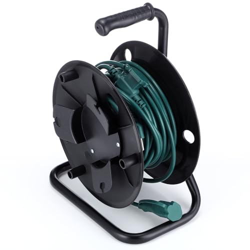 Yaocom Extension Cord Storage Reel with Metal Stand Black Cable Reel Holds up 500 Feet of 6 mm Cable/Cord/Hose Heavy Duty Open Roller Holder, Easy to Grip Handles