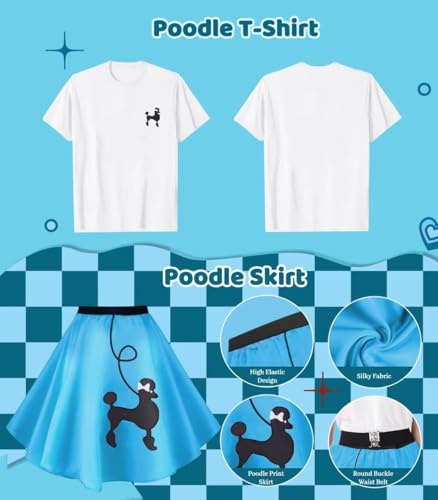 1950s Poodle Skirt Outfit Women 50s Sock Hop Costume T Shirt Accessories - color: Blue, size: Small