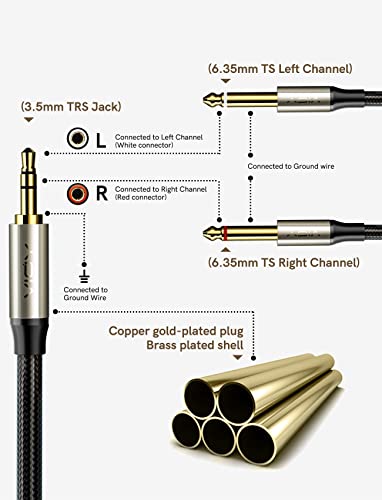 VIOY 1/8 to 1/4 Stereo Cable 6 FT, 3.5mm TRS Male to Dual 6.35mm TS Male | lossless Hi-Fi audio,Brass shell, silver-plated core dual shielding, braided stereo cable for mixer, player and stereo system - size: 6 ft, style: Y-split: 22 cm