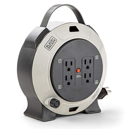 BLACK+DECKER 20 Ft. Retractable Extension Cord Reel, 4 Outlets | 16 AWG SJT cable, thermal breaker reset button, multi-plug design, heavy-duty - size: 20 ft