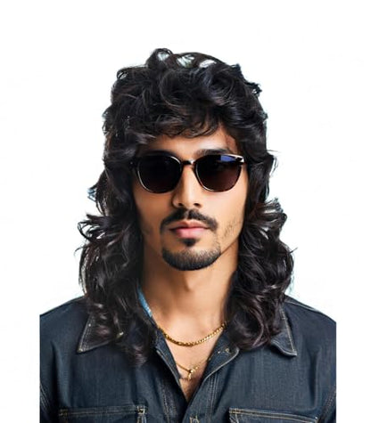 Mullet Wigs for Men 80s Costumes Fancy Party Accessory Cosplay Wig Men's Long Curly Mullet Wig with Sunglasses (Near Black) - color: 8002-Black