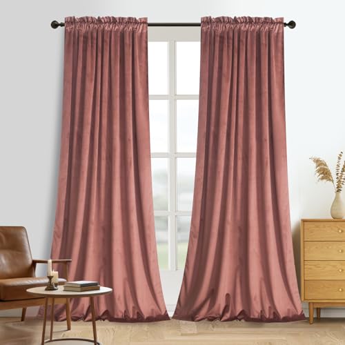 Roslynwood Brick Dust Velvet Curtain 72 inches Long - Curtains Block Light Rod Pocket Thermal Insulation Super Soft Drapes for Bedroom/Office/Living Room, W52 x L72, 2 Panels - color: Brick Dust, size: 52"W x 72"L (Pack of 2)