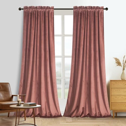 Roslynwood Brick Dust Velvet Curtain 72 inches Long - Curtains Block Light Rod Pocket Thermal Insulation Super Soft Drapes for Bedroom/Office/Living Room, W52 x L72, 2 Panels - color: Brick Dust, size: 52"W x 72"L (Pack of 2)