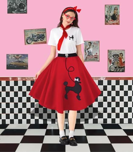1950s Poodle Skirt Outfit Women 50s Sock Hop Costume T Shirt Accessories - color: Red, size: XX-Large