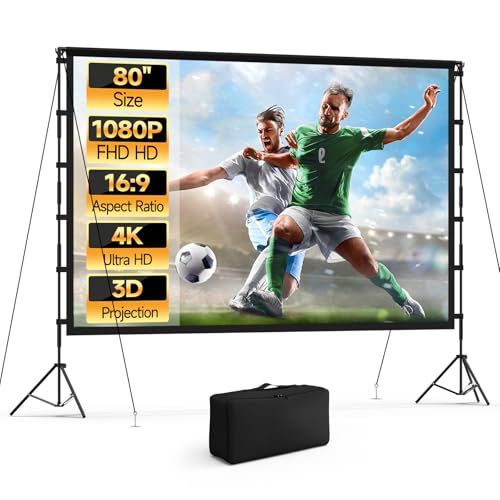 80 Inch Projector Screen with Stand, 16:9 4K HD Movie Projector Screen Outdoor Indoor Front/Rear with Carry Bag for Home Backyard Camping Movie Night - color: Black Stand, size: 80 Inch