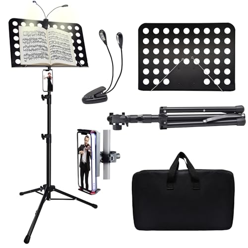 Sheet Music Stand with Light & Phone Holder, 57" Music Stand for Sheet Music High Stability, Height Adjustable Music Sheet Stand with Carrying Bag, Portable Music Book Holder (33-57inch) - size: 33-57inch