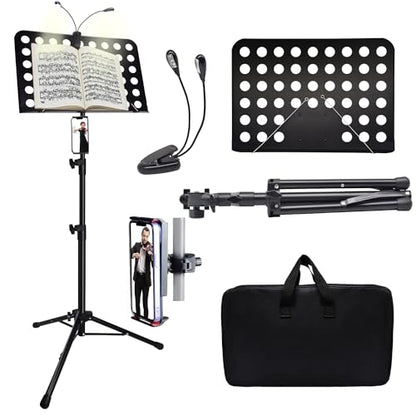 Sheet Music Stand with Light & Phone Holder, 57" Music Stand for Sheet Music High Stability, Height Adjustable Music Sheet Stand with Carrying Bag, Portable Music Book Holder (33-57inch) - size: 33-57inch