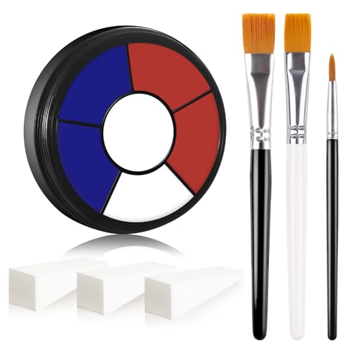 BOBISUKA Red White Blue Cream Face & Body Paint Palette Kit with 3 Brushes 3 Sponges, Highly Pigmented Easy to Blend Long Lasting Makeup for Patriotic Pride, 4th of July, USA Flag, Independence Day - color: 08 4th of July