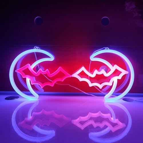 JYWJ Bat Moon LED Neon Signs Desktop Wall Decoration Light | USB or Battery Powered, 3-AA Battery Option, Party Decoration, Business Decor Use, Desktop & Wall Mount - style: Bat Moon