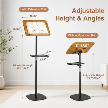 2-in-1 Floor & Desktop Music Book Stand, Adjustable Height 19.7-51.2 in | Dual-use Detachable Reading Stand, Features Storage Tray and Page Clips for Sheet Music, Laptops & Cookbooks - color: Brown