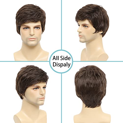 Mens Brown Wig, Short Brown Men Wig Layered Natural Hair Full Synthetic Wigs for Halloween Male Guy - color: Brown