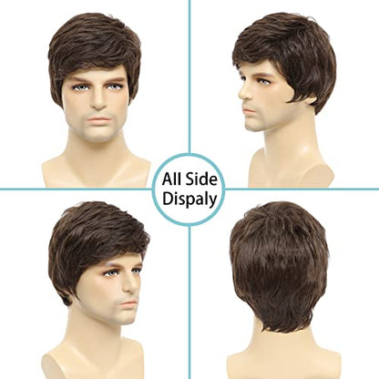 Mens Brown Wig, Short Brown Men Wig Layered Natural Hair Full Synthetic Wigs for Halloween Male Guy - color: Brown