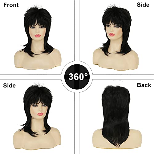 Mullet Wig for Women Black Shoulder Length Shaggy Layered Wig Curly 80s Wigs Heat Resistant Cosplay Daily Hair Wigs (Black) - color: Black