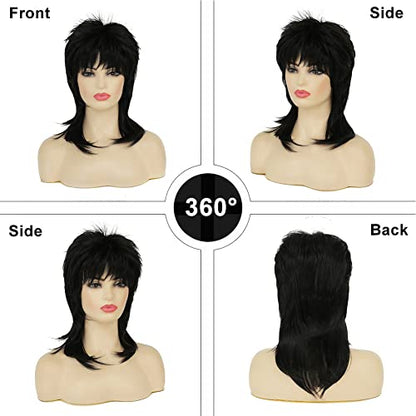 Mullet Wig for Women Black Shoulder Length Shaggy Layered Wig Curly 80s Wigs Heat Resistant Cosplay Daily Hair Wigs (Black) - color: Black