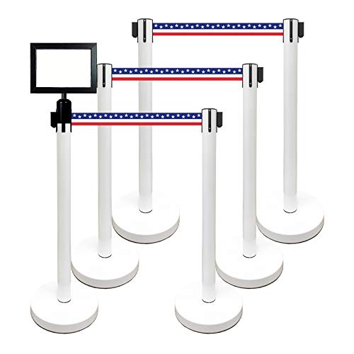 Retractable Stanchion, 6 SPECIALTY Posts + Signframe, 36" Ht, 78" Special Event & Holiday Theme Belt + Bonus Replacement Cassettes + Wall Receiver (WHT Post/July 4th Flag Belt) - color: Wht Post/July 4th Flag Belt