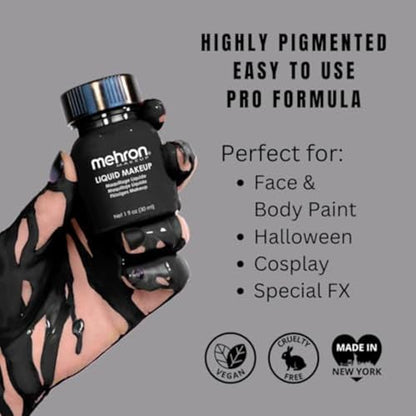Mehron Makeup Liquid Makeup - BLACK, Face & Body Paint | 1 Fl oz Water-Based Face Paint & Body Paint Perfect for Halloween & Cosplay. Air Brush Compatible. Vegan & Made in the USA. - color: Black