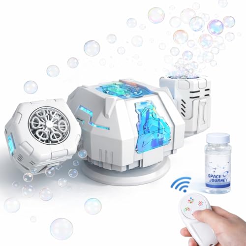 Upgraded Mecha Style Bubble Machine, Rechargeable Type-C Powered Bubble Blower with Remote Control, 360° Automatic Rotation & RGB Lights, 35k+ Bubbles/Min, Bubbles for Kids, Parties, Weddings, Outdoor