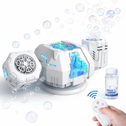 Upgraded Mecha Style Bubble Machine, Rechargeable Type-C Powered Bubble Blower with Remote Control, 360° Automatic Rotation & RGB Lights, 35k+ Bubbles/Min, Bubbles for Kids, Parties, Weddings, Outdoor
