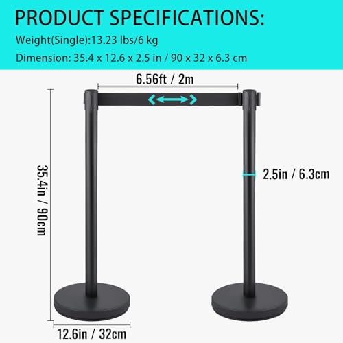 6 Pack Crowd Control Stanchions with 6.5ft Retractable Belts for Events | Sturdy steel posts, 4-way connectors, weighted bases, tool-free setup. Ideal for queues, events, hotels. - color: 6 Pack