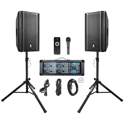PRORECK Delta 128 2400W Bluetooth PA Speaker System with 8-Channel Powered Mixer, 2 12-Inch Passive Speakers, Stands, Reverb Effects, 15V Phantom Power. Perfect for DJs, Bands, Karaoke, Live Events - size: 12"+8 channel mixer