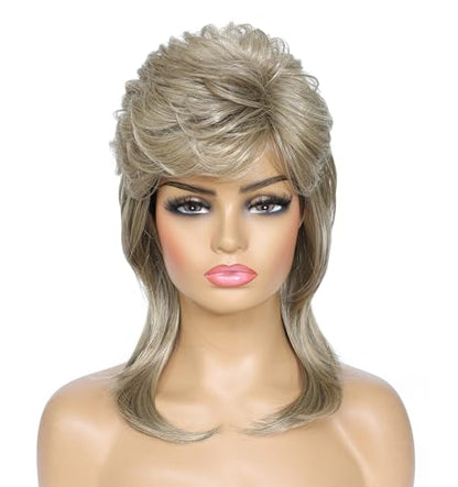 Airhostess 80s Retro Layered Mullet Wig for Women, Pre-Styled Synthetic Wig, Natural Texture for Halloween Cosplay 80s Themed Party (Blonde) - color: 2057-Blonde