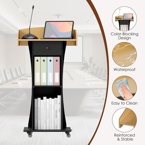 Podium Stand with Metal Wheels Wooden Lectern Podium Stand Portable Pulpit Standing with Storage Mobile Reception Podiums for Church Office School Conference Restaurant Meeting,Wood+Black - color: Black&wood