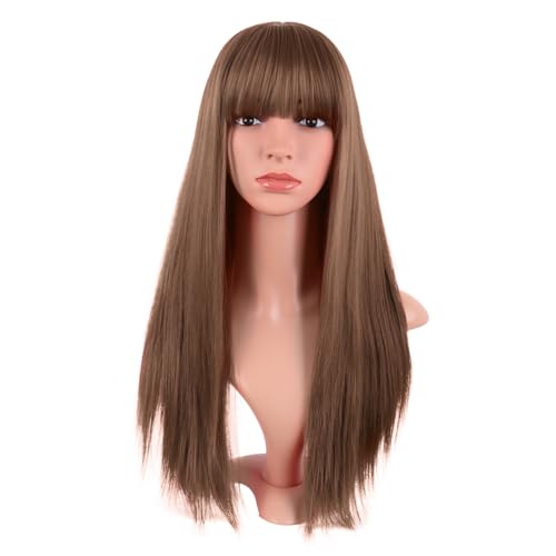 MapofBeauty 24 Inch Long Straight Flat Bangs Party Cosplay Wig,Medium Brown | 60 cm Synthetic Hair Wig, Heat Resistant, Women - color: Medium Brown
