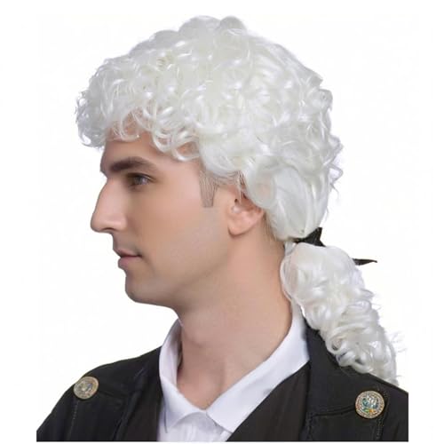 ByouByou Colonial Wig, Curly Lawyer Wig with Black Ribbon, Synthetic Hair Wig, Ideal for Halloween Costumes, Historical Cosplay & Themed Partiesy (white) - color: Male-White